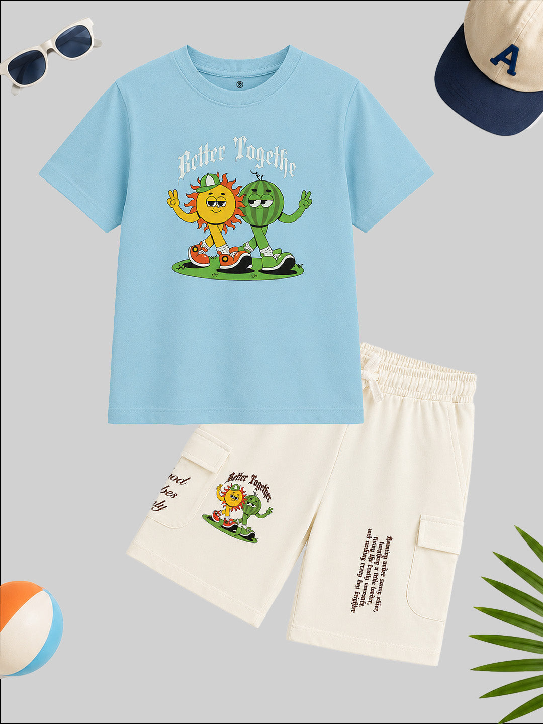 CODEZ Boys Relaxed Fit Printed T-Shirt & Cargo Shorts Set - Powder Blue & Bone White