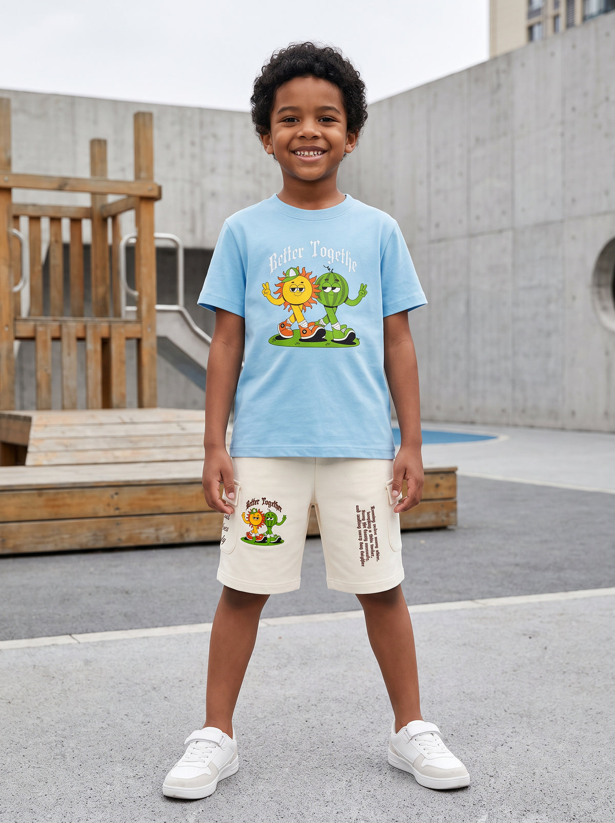 CODEZ Boys Relaxed Fit Printed T-Shirt & Cargo Shorts Set - Powder Blue & Bone White