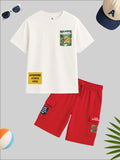 CODEZ Boys Relaxed Fit Printed T-Shirt & Cargo Shorts Set - Bone White & Crimson Red