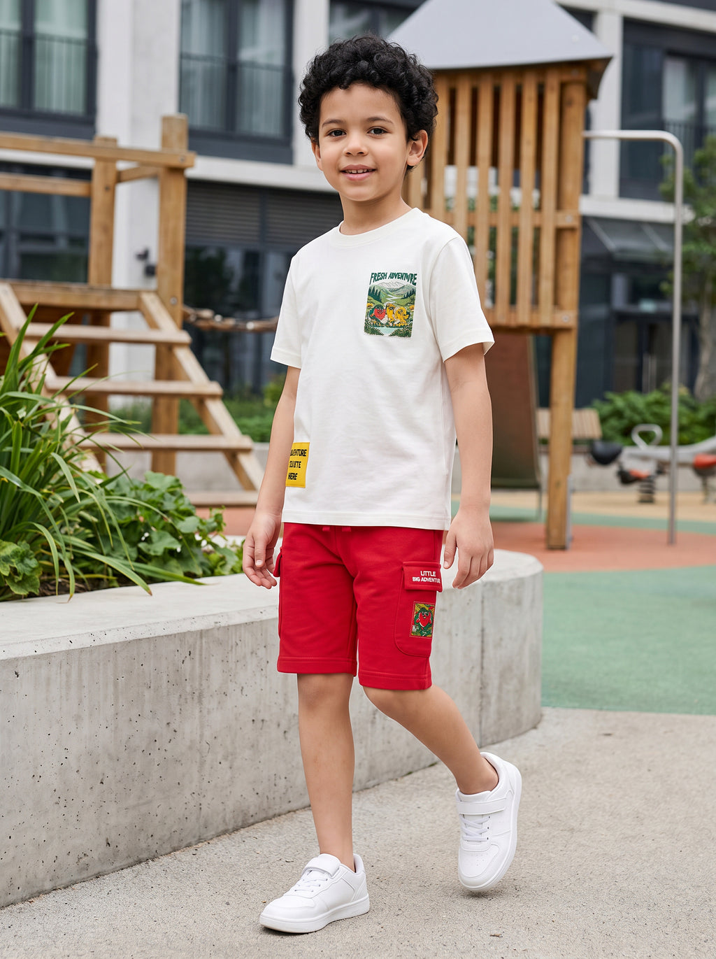 CODEZ Boys Relaxed Fit Printed T-Shirt & Cargo Shorts Set - Bone White & Crimson Red