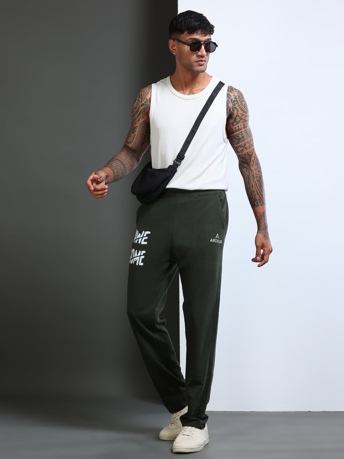 ARDEUR Men's Regular Fit Cotton Blend Track Pants - Olive