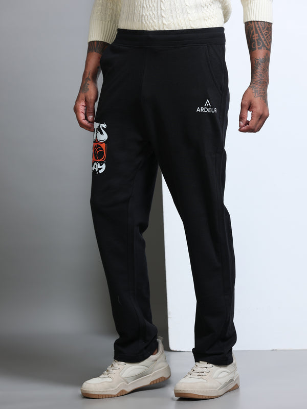 ARDEUR Men's Regular Fit Typography Track Pants - Black