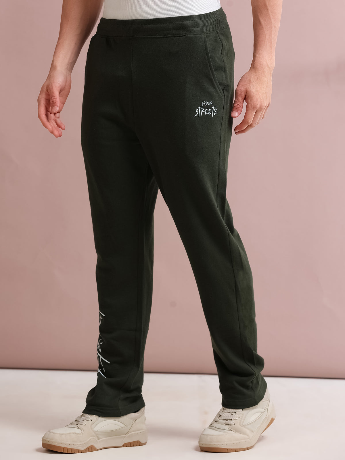 ARDEUR STREETZ Men's Regular Fit Cotton Blend Typography Track Pants - Olive