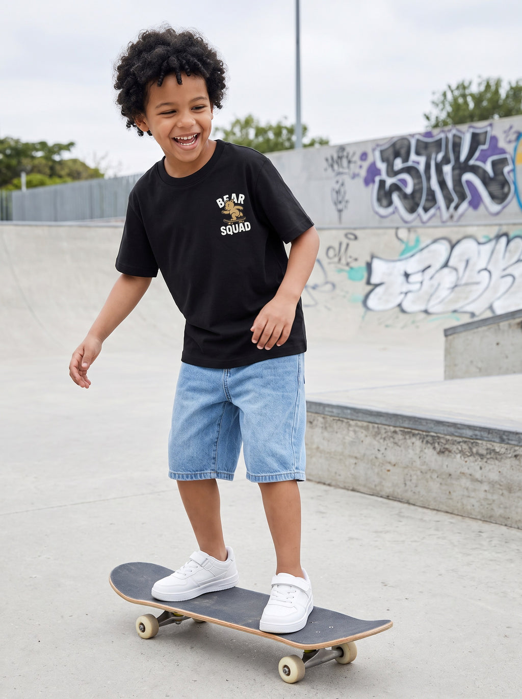 CODEZ Boys Black Pure Cotton Skate Bear Printed Relaxed Fit T-Shirt