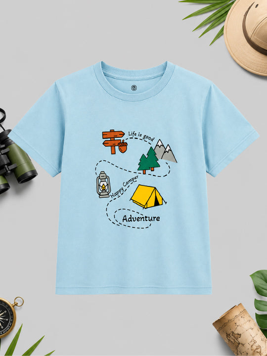 CODEZ Boys Cool Blue Pure Cotton Camping Print Relaxed Fit T-Shirt