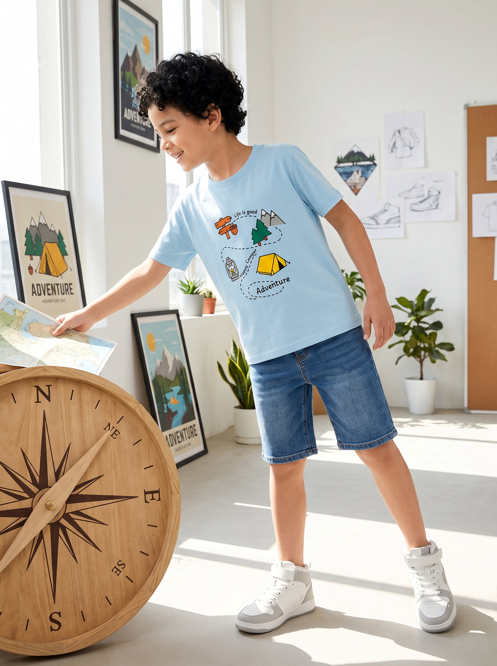 CODEZ Boys Cool Blue Pure Cotton Camping Print Relaxed Fit T-Shirt