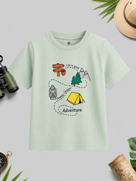 CODEZ Boys Fog Green Pure Cotton Camping Print Relaxed Fit T-Shirt