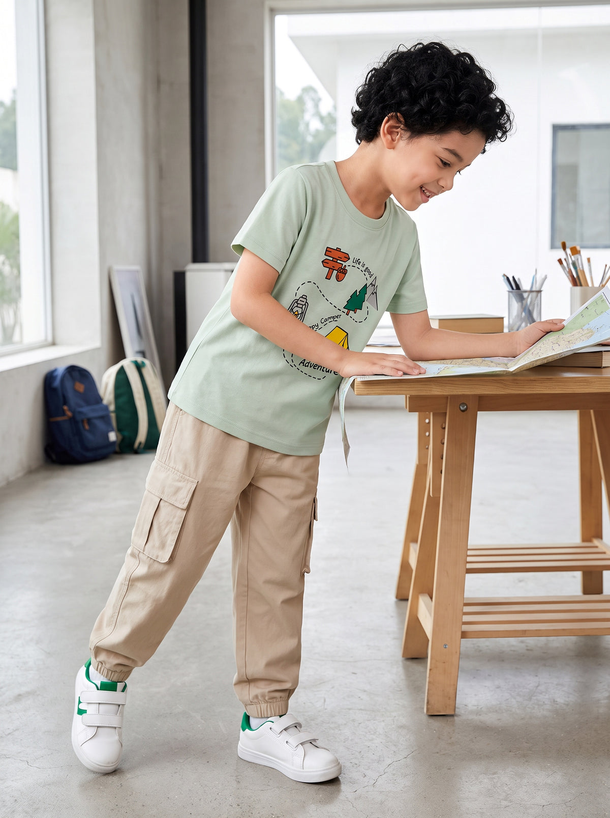CODEZ Boys Fog Green Pure Cotton Camping Print Relaxed Fit T-Shirt