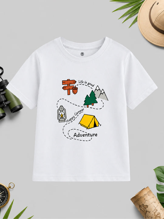 CODEZ Boys White Pure Cotton Camping Print Relaxed Fit T-Shirt