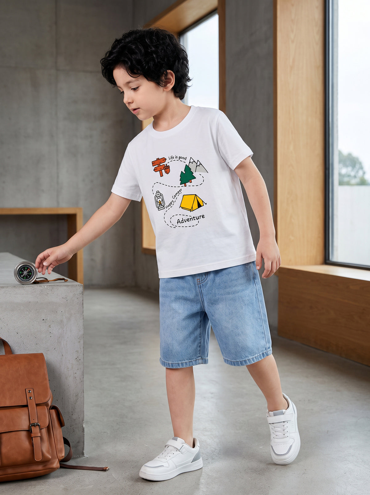CODEZ Boys White Pure Cotton Camping Print Relaxed Fit T-Shirt