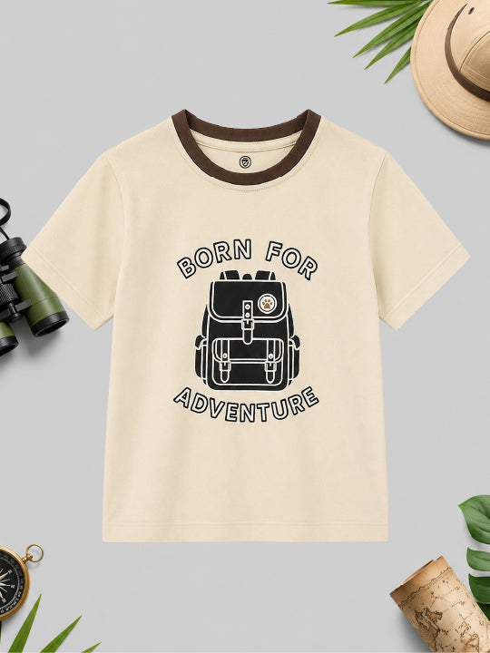CODEZ Boys Beige Pure Cotton Born For Adventure Graphic Relaxed Fit T-Shirt