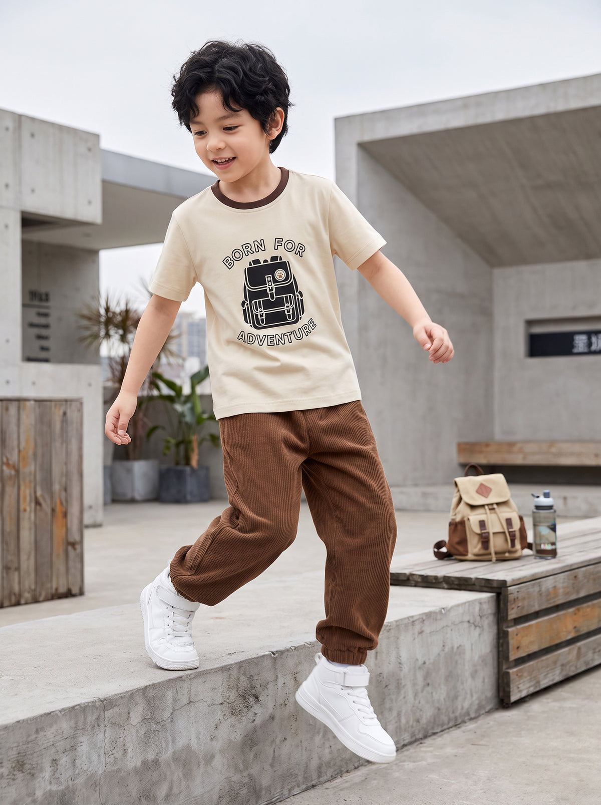 CODEZ Boys Beige Pure Cotton Born For Adventure Graphic Relaxed Fit T-Shirt