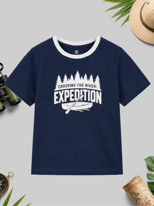 CODEZ Boys Estate Blue Pure Cotton Crossing The River Expedition Graphic Relaxed Fit T-Shirt