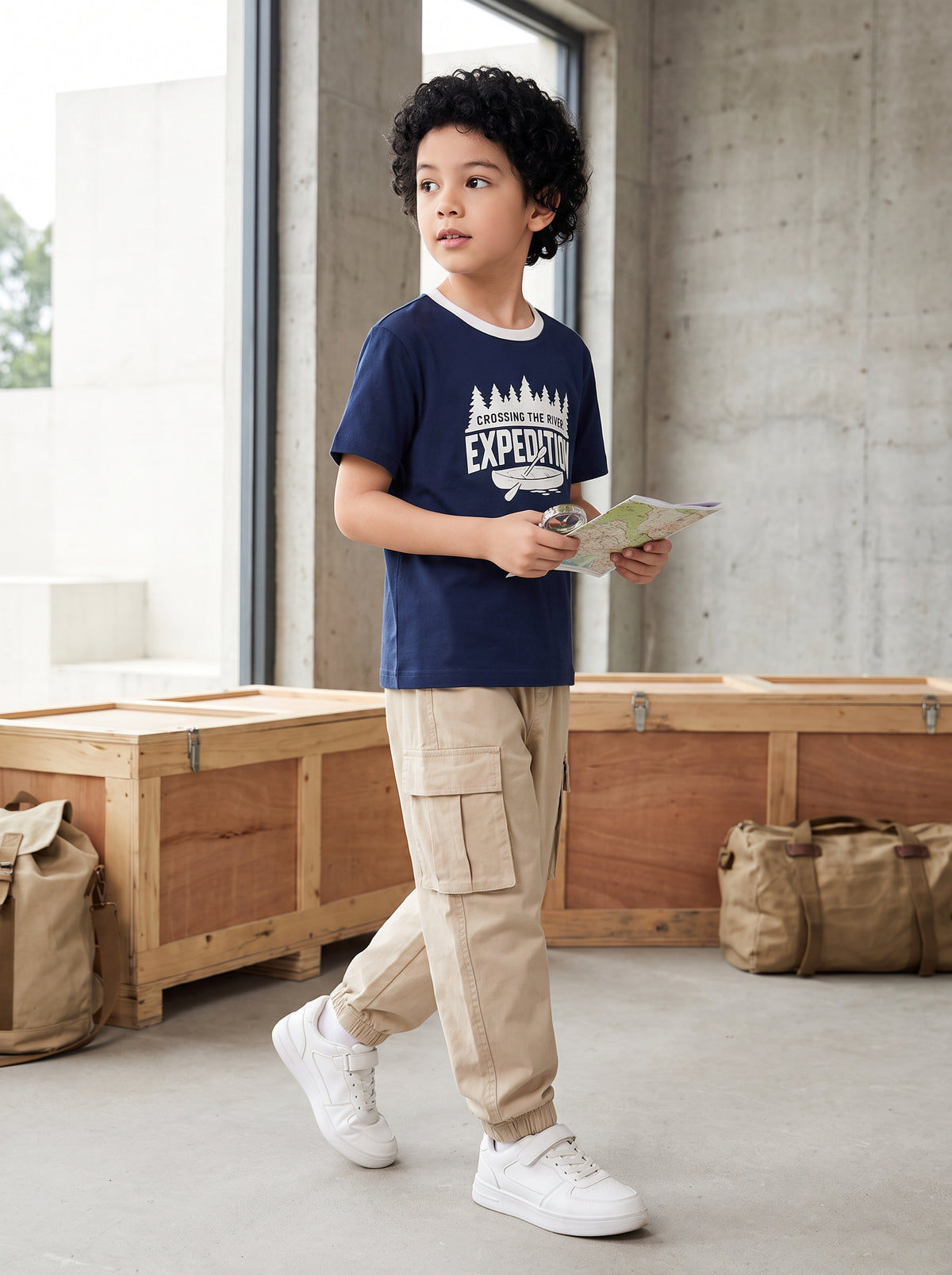 CODEZ Boys Estate Blue Pure Cotton Crossing The River Expedition Graphic Relaxed Fit T-Shirt