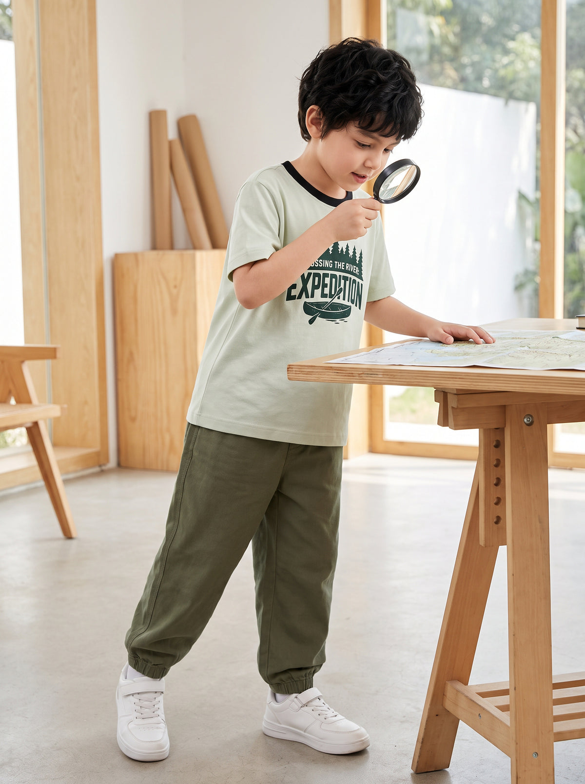CODEZ Boys Fog Green Pure Cotton Crossing The River Expedition Graphic Relaxed Fit T-Shirt