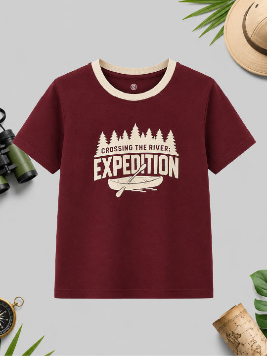 CODEZ Boys Tawny Port Pure Cotton Crossing The River Expedition Graphic Relaxed Fit T-Shirt