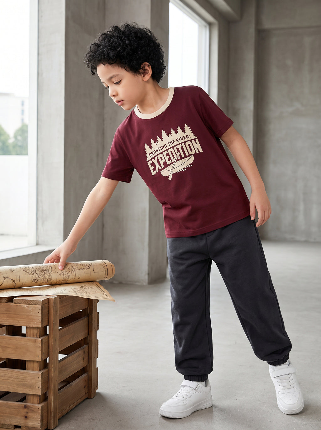 CODEZ Boys Tawny Port Pure Cotton Crossing The River Expedition Graphic Relaxed Fit T-Shirt