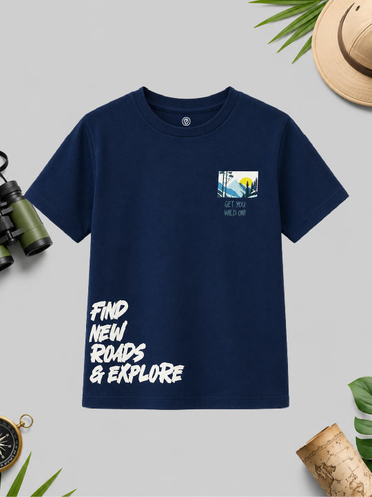 CODEZ Boys Estate Blue Pure Cotton Find New Roads Graphic Relaxed Fit T-Shirt