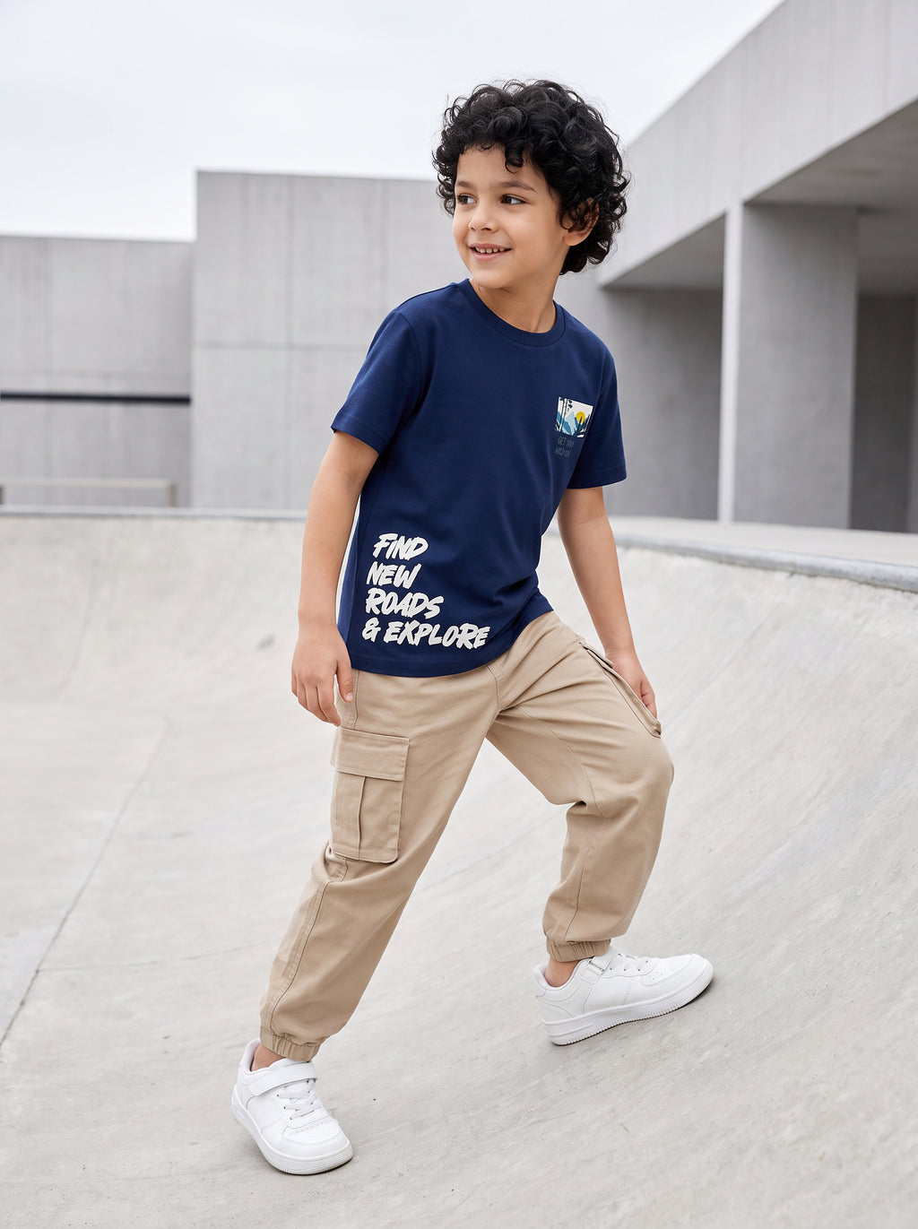 CODEZ Boys Estate Blue Pure Cotton Find New Roads Graphic Relaxed Fit T-Shirt