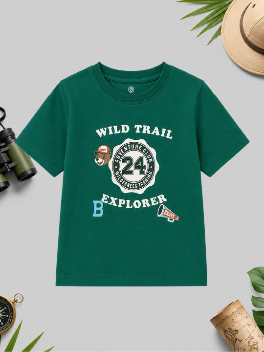 CODEZ Boys Alpine Green Pure Cotton Wild Trail Explorer Relaxed Fit T-Shirt