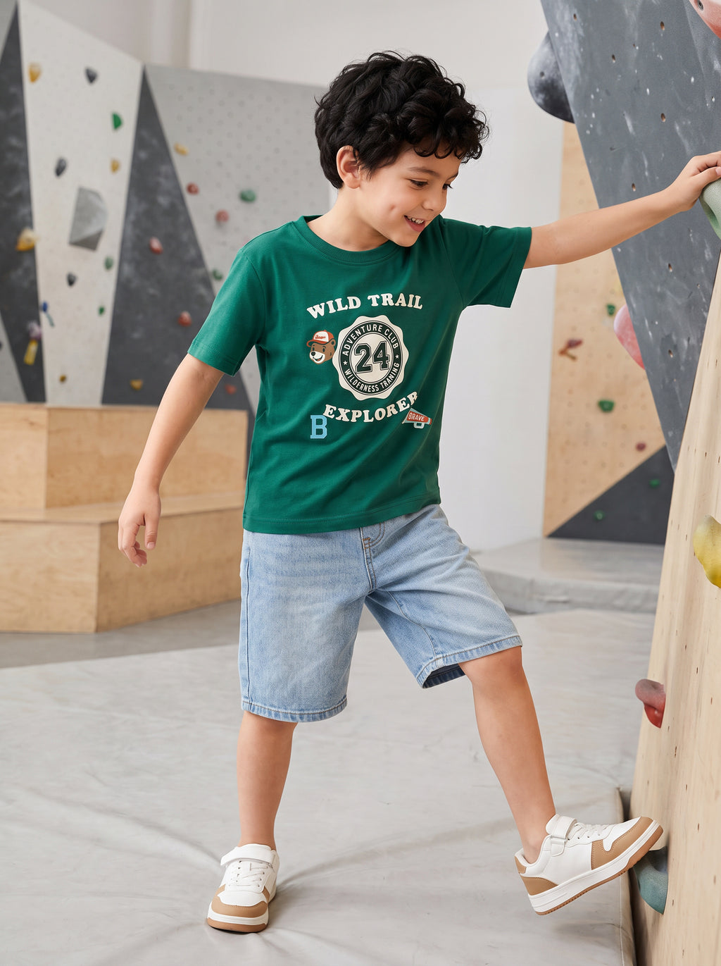CODEZ Boys Alpine Green Pure Cotton Wild Trail Explorer Relaxed Fit T-Shirt