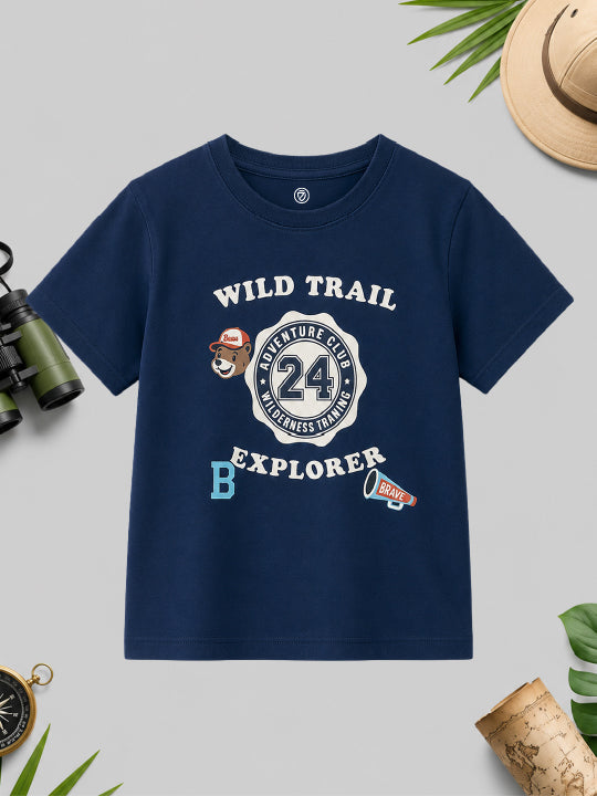CODEZ Boys Estate Blue Pure Cotton Wild Trail Explorer Relaxed Fit T-Shirt