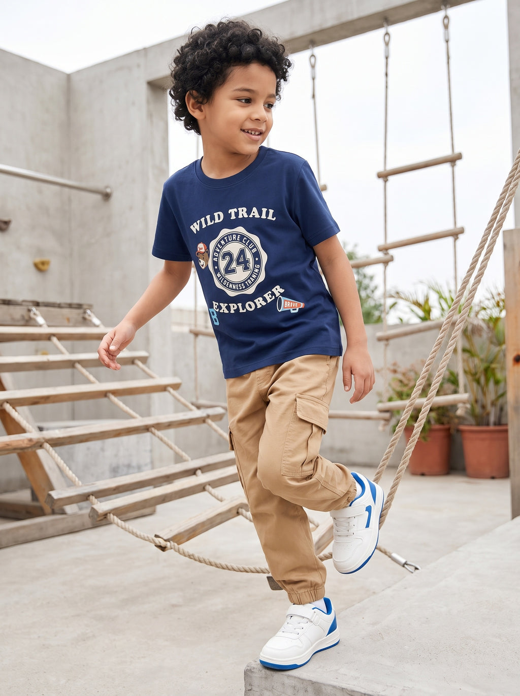 CODEZ Boys Estate Blue Pure Cotton Wild Trail Explorer Relaxed Fit T-Shirt