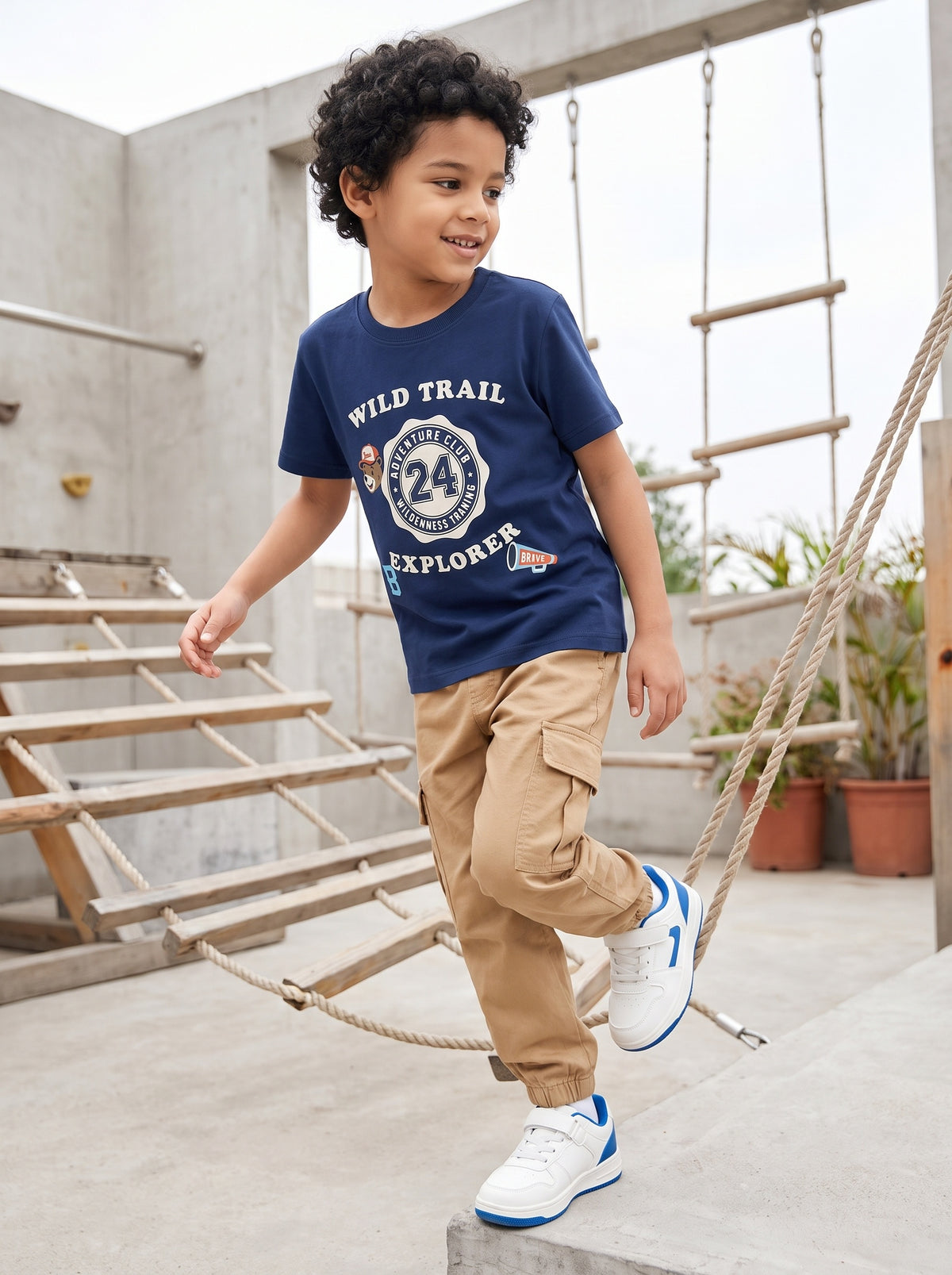 CODEZ Boys Estate Blue Pure Cotton Wild Trail Explorer Relaxed Fit T-Shirt