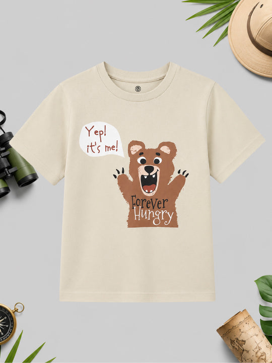 CODEZ Boys Beige Pure Cotton Forever Hungry Bear Graphic Relaxed Fit T-Shirt