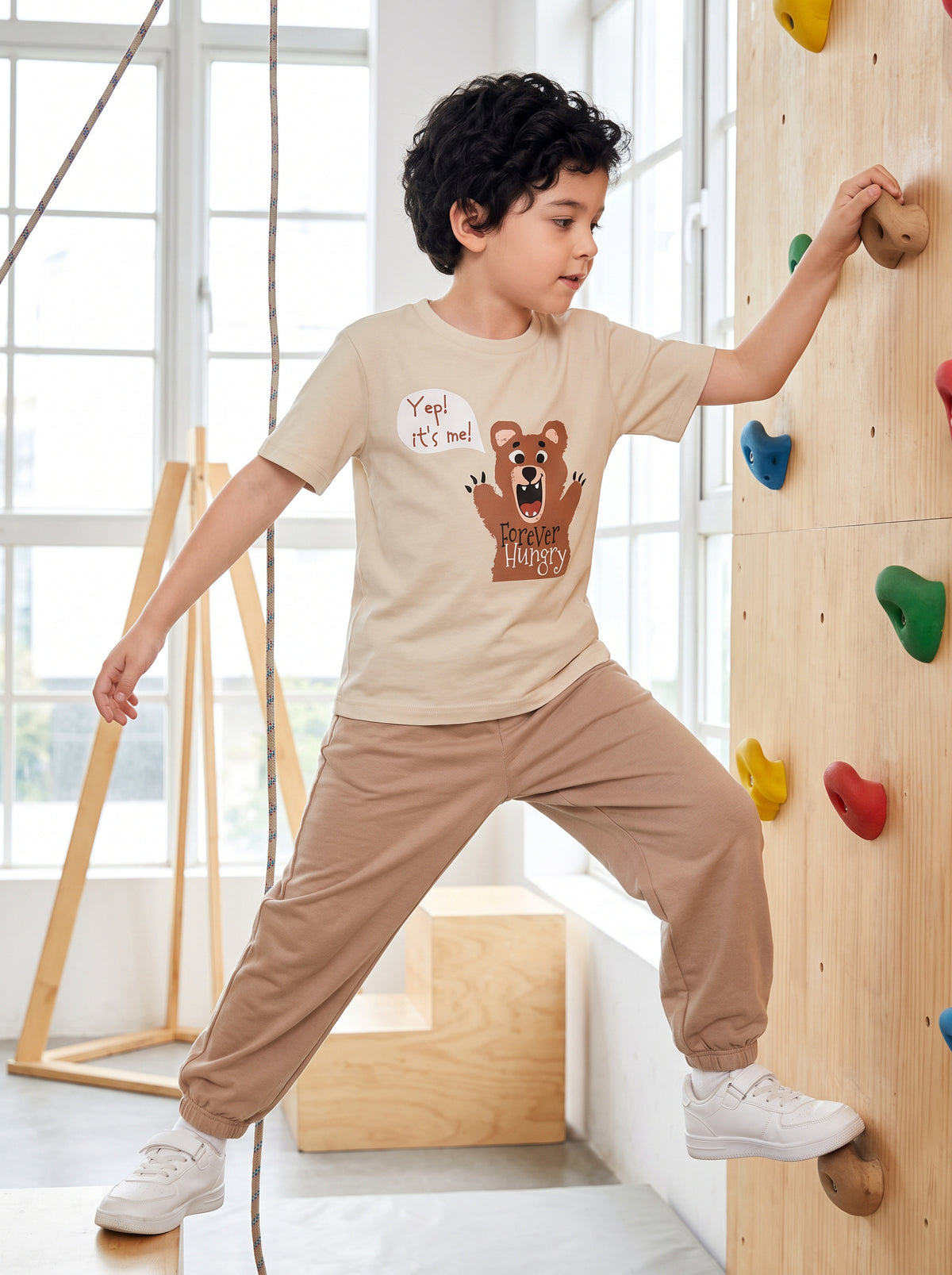 CODEZ Boys Beige Pure Cotton Forever Hungry Bear Graphic Relaxed Fit T-Shirt