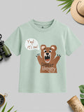 CODEZ Boys Fog Green Pure Cotton Forever Hungry Bear Graphic Relaxed Fit T-Shirt