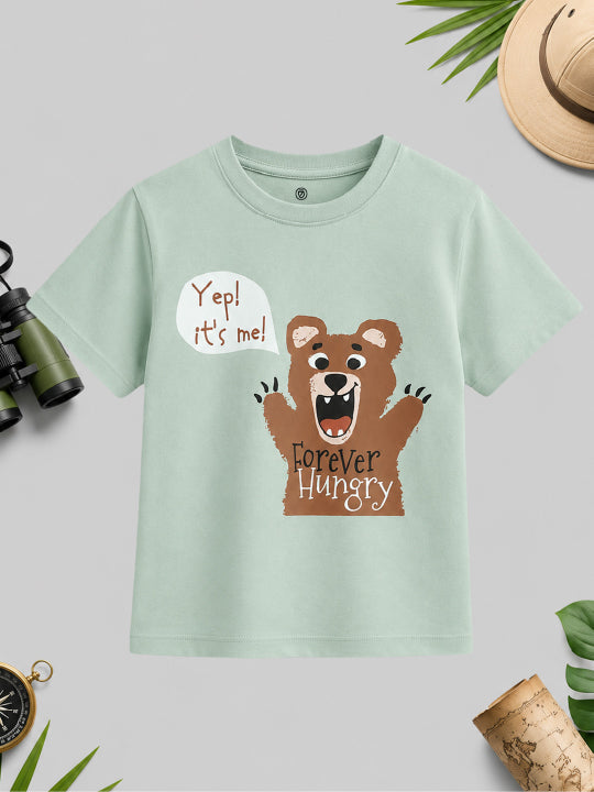 CODEZ Boys Fog Green Pure Cotton Forever Hungry Bear Graphic Relaxed Fit T-Shirt