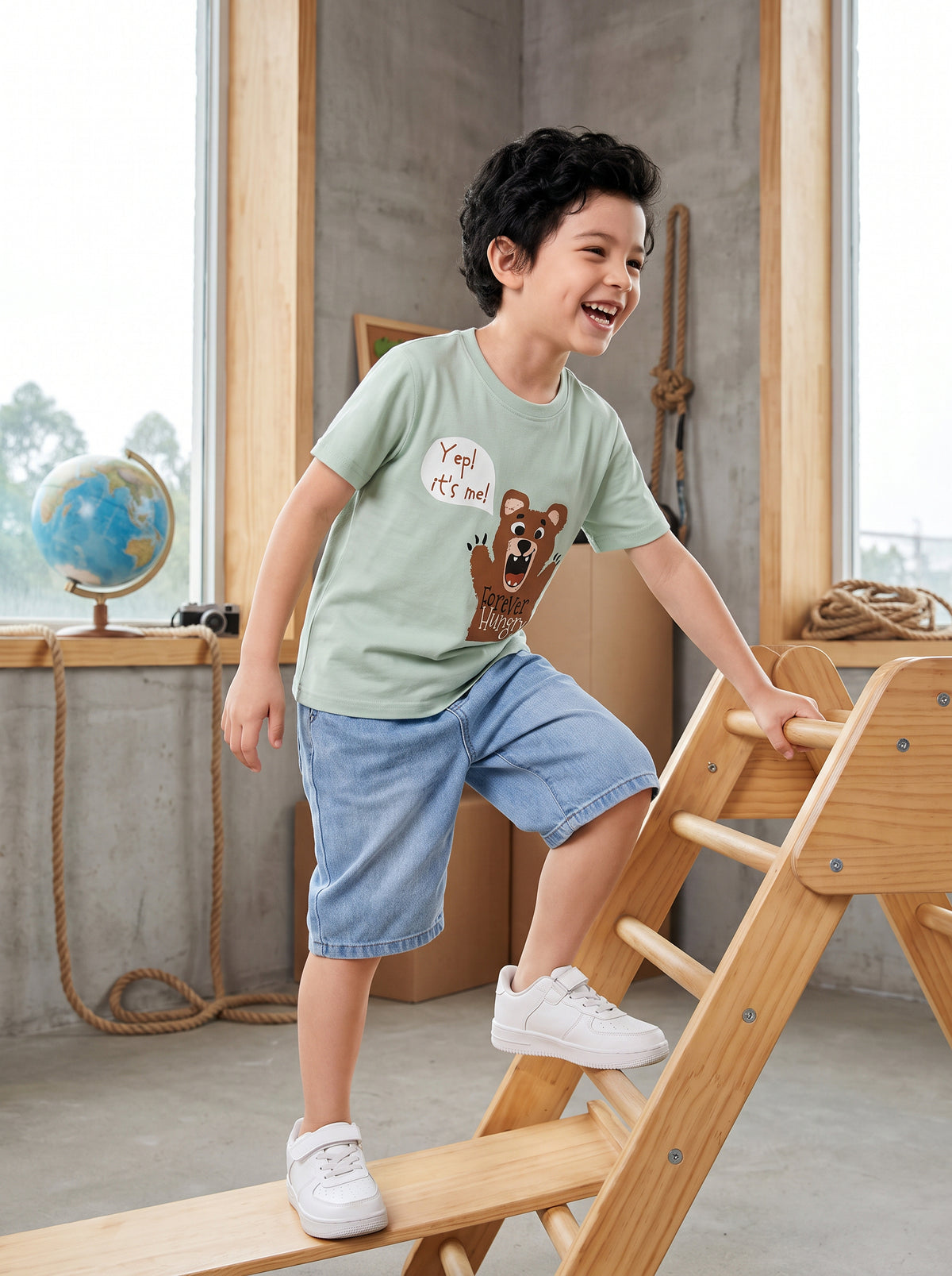 CODEZ Boys Fog Green Pure Cotton Forever Hungry Bear Graphic Relaxed Fit T-Shirt