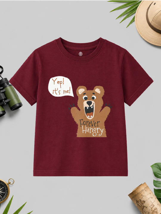 CODEZ Boys Tawny Port Pure Cotton Forever Hungry Bear Graphic Relaxed Fit T-Shirt