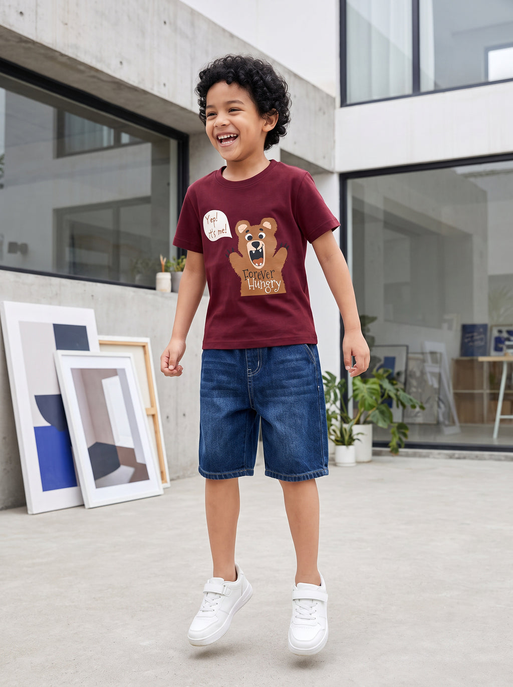 CODEZ Boys Tawny Port Pure Cotton Forever Hungry Bear Graphic Relaxed Fit T-Shirt