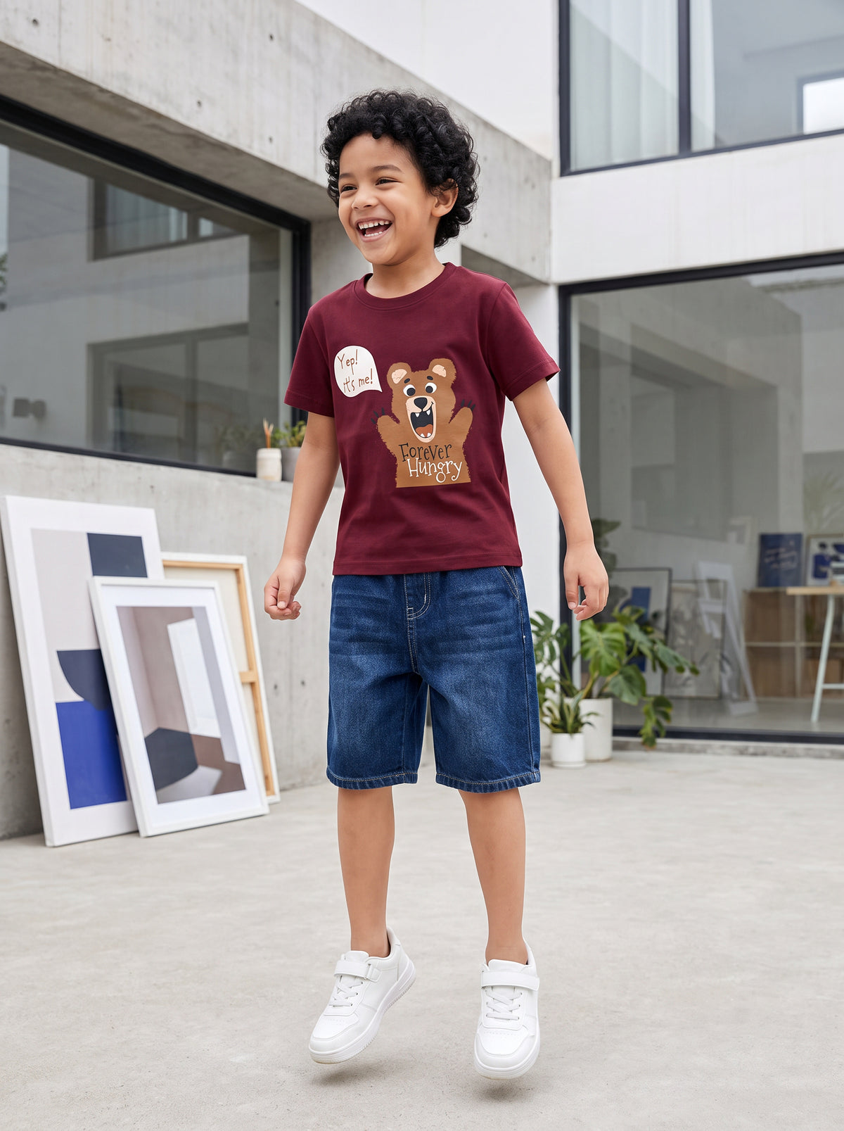 CODEZ Boys Tawny Port Pure Cotton Forever Hungry Bear Graphic Relaxed Fit T-Shirt