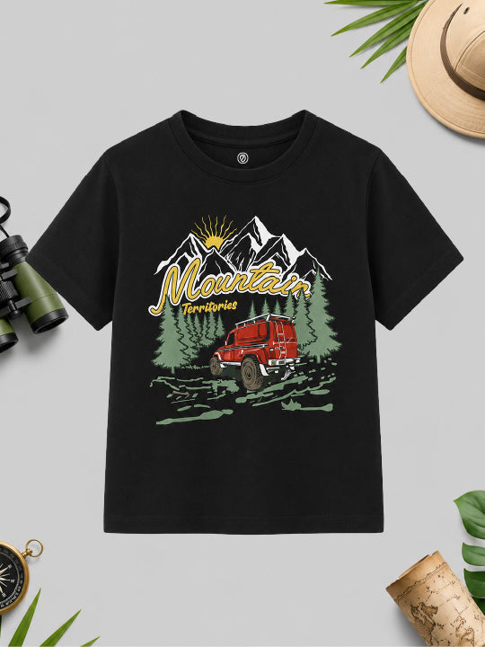 CODEZ Boys Black Pure Cotton Mountain Territories Graphic Relaxed Fit T-Shirt