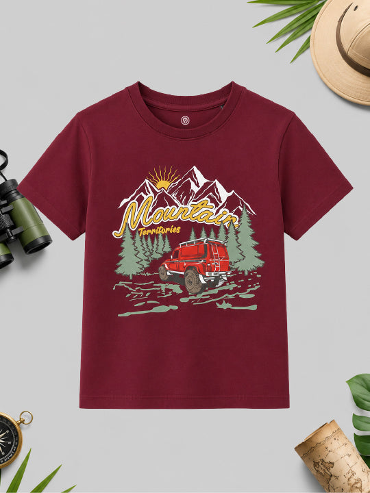 CODEZ Boys Tawny Port Pure Cotton Mountain Territories Graphic Relaxed Fit T-Shirt