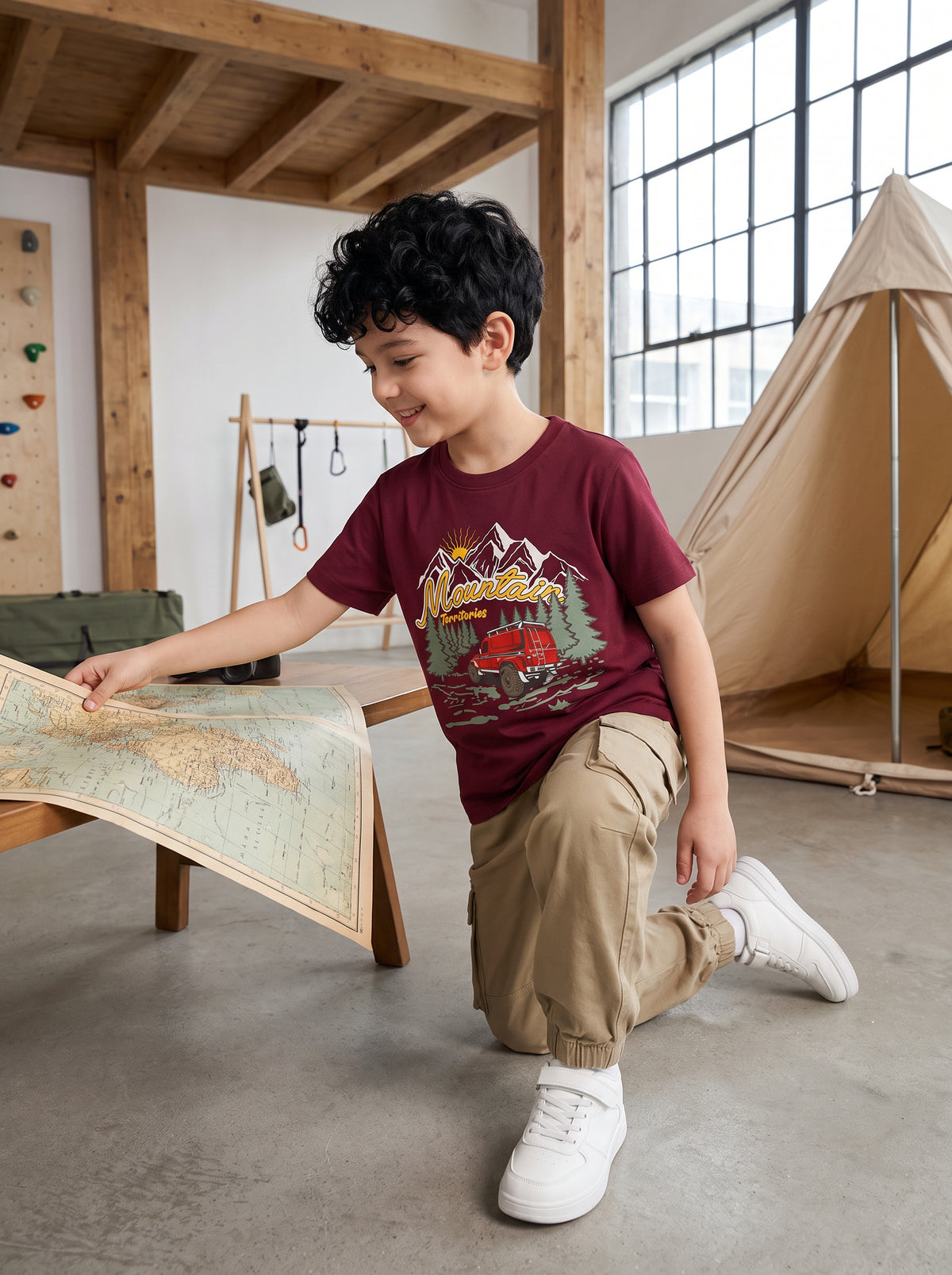 CODEZ Boys Tawny Port Pure Cotton Mountain Territories Graphic Relaxed Fit T-Shirt
