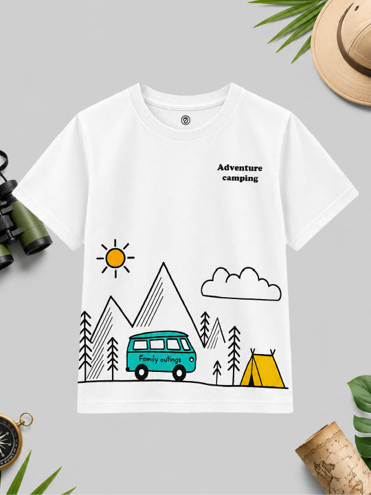 CODEZ Boys White Pure Cotton Adventure Camping Graphic Relaxed Fit T-Shirt