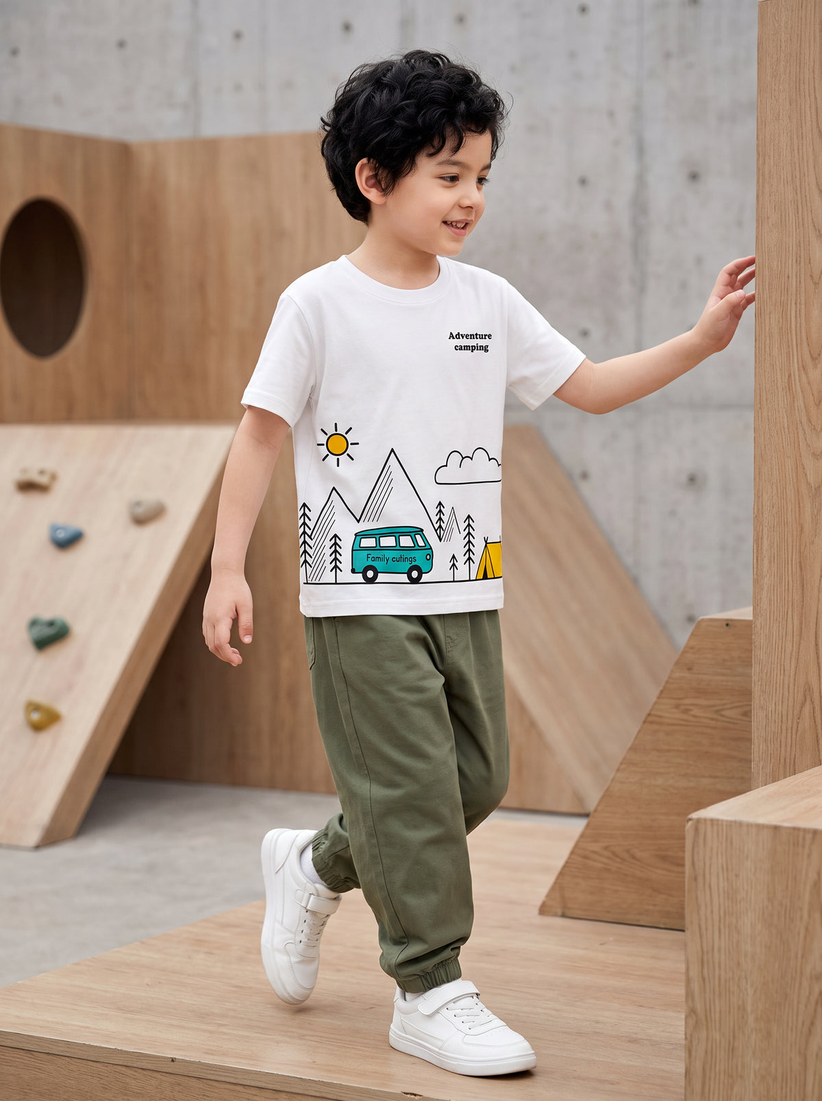 CODEZ Boys White Pure Cotton Adventure Camping Graphic Relaxed Fit T-Shirt