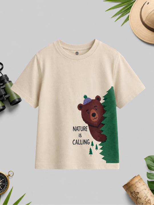 CODEZ Boys Beige Pure Cotton Nature Is Calling Bear Graphic Relaxed Fit T-Shirt