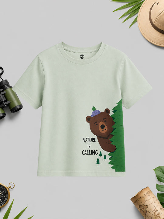 CODEZ Boys Fog Green Pure Cotton Nature Is Calling Bear Graphic Relaxed Fit T-Shirt