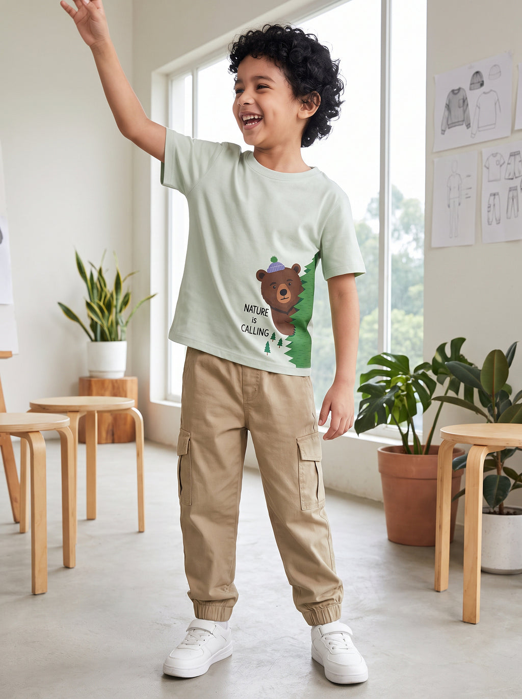 CODEZ Boys Fog Green Pure Cotton Nature Is Calling Bear Graphic Relaxed Fit T-Shirt