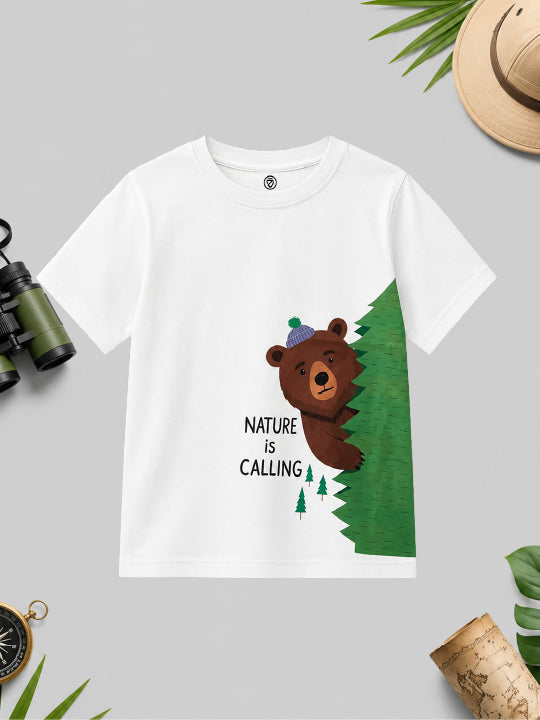 CODEZ Boys White Pure Cotton Nature Is Calling Bear Graphic Relaxed Fit T-Shirt