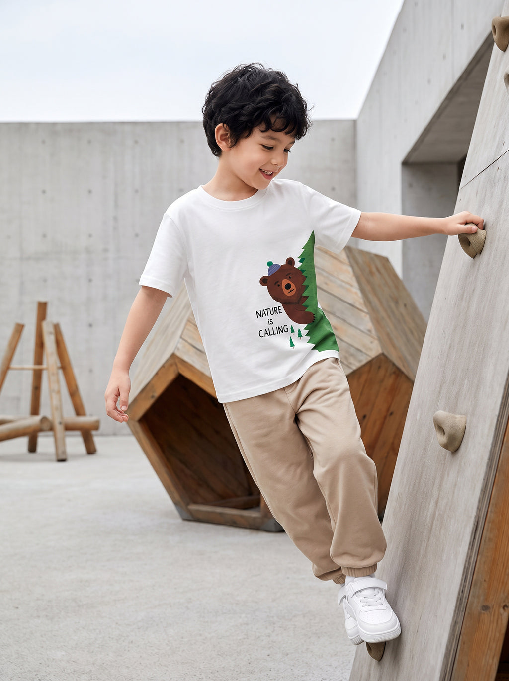CODEZ Boys White Pure Cotton Nature Is Calling Bear Graphic Relaxed Fit T-Shirt