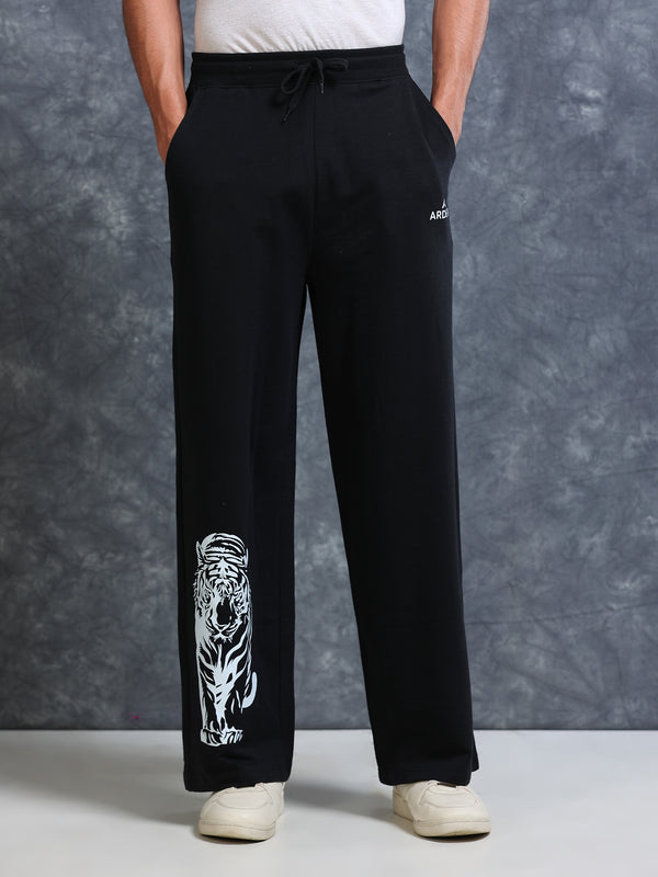 ARDEUR Men Black Cotton Blend Tiger Printed Baggy Fit Track Pants