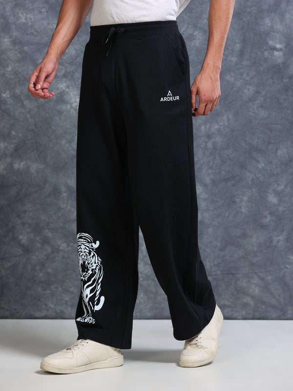 ARDEUR Men Black Cotton Blend Tiger Printed Baggy Fit Track Pants