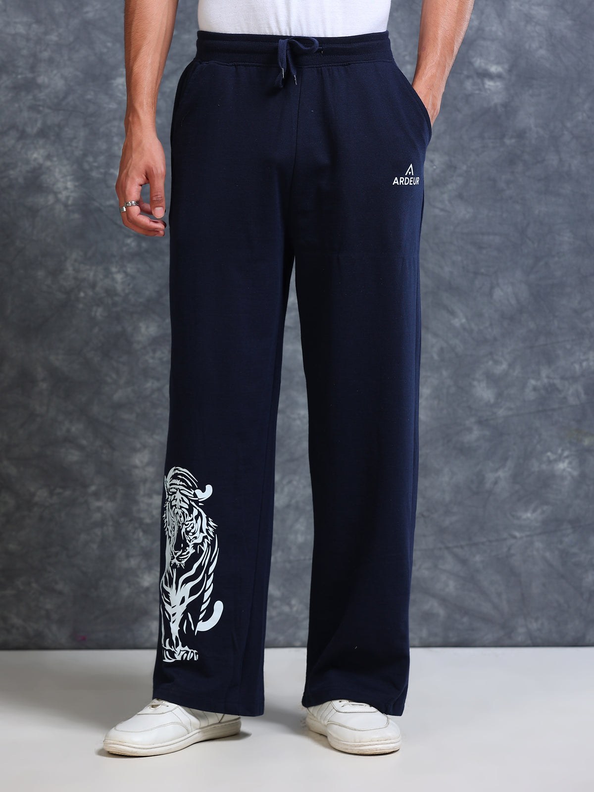 ARDEUR Men Navy Cotton Blend Tiger Printed Baggy Fit Track Pants