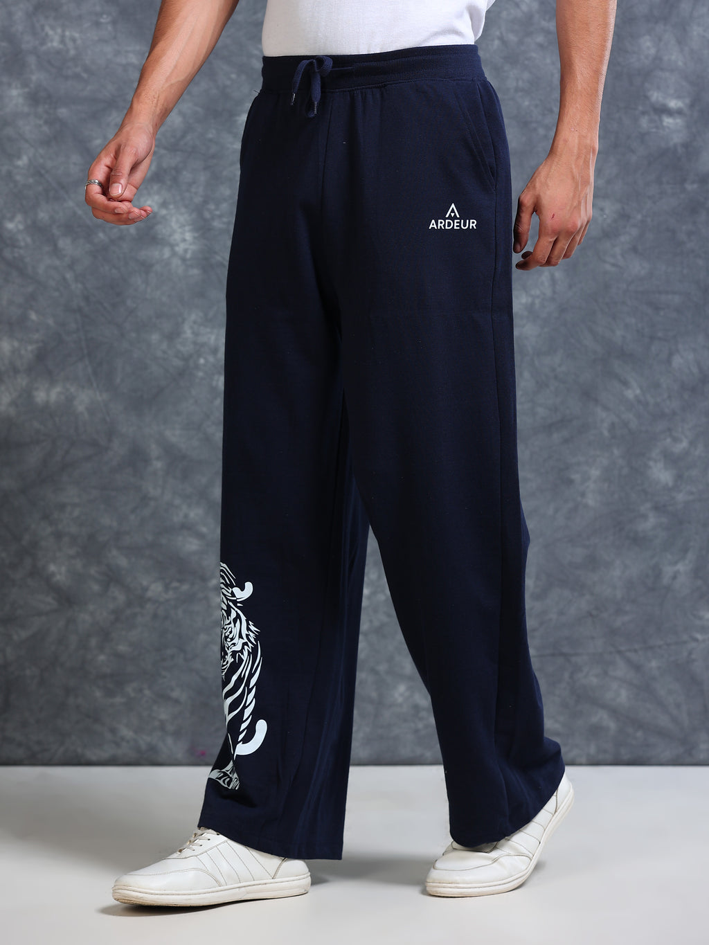 ARDEUR Men Navy Cotton Blend Tiger Printed Baggy Fit Track Pants
